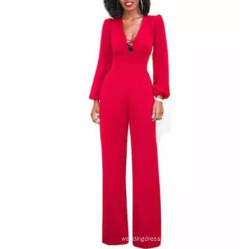 2019 New Designs Autumn Deep V Neck Long Sleeve Wide Leg Jumpsuits Women